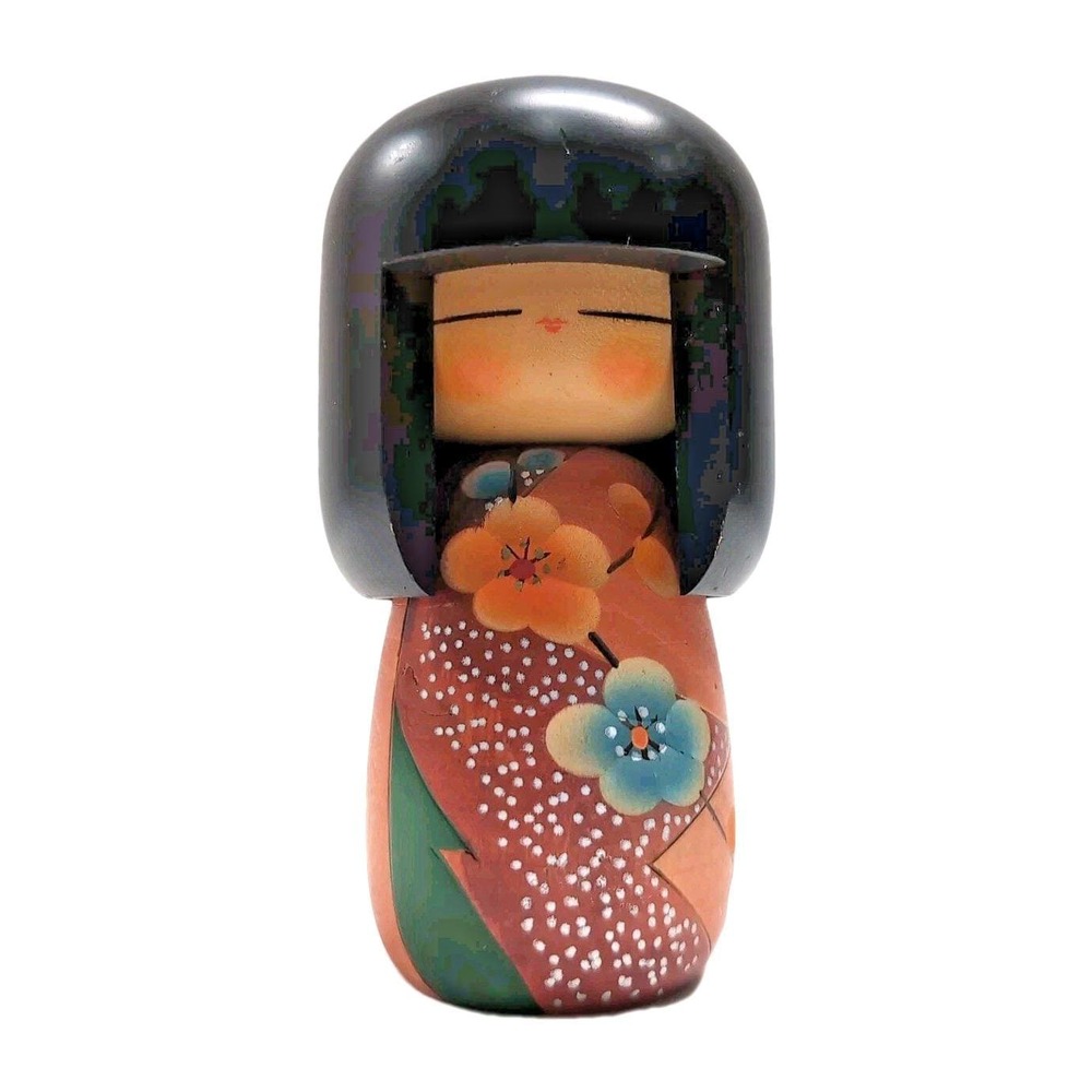 VTG Japanese Sosaku Kokeshi Doll Signed Hand-Painted Wood 5.5" Floral Kimono